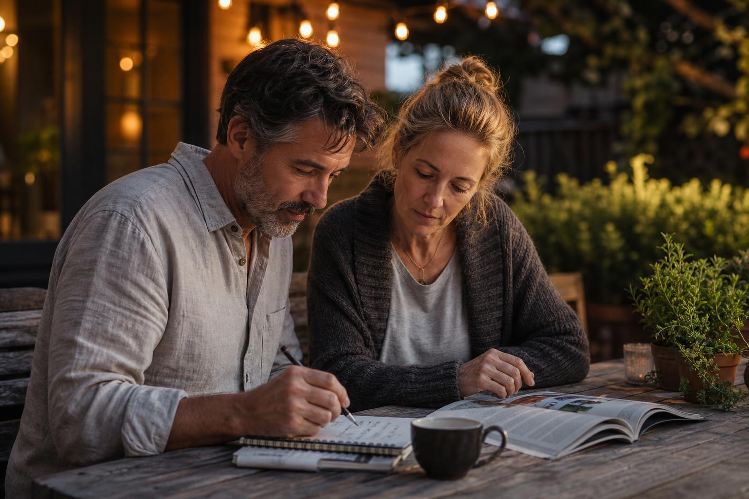 A calm couple reviewing a guidebook together on their backyard patio at dusk