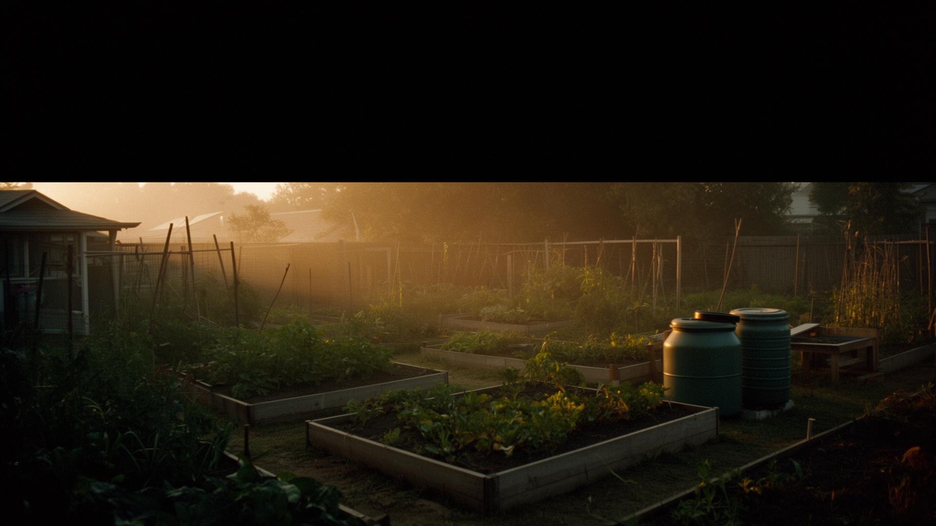 Cinematic backyard homestead at golden hour